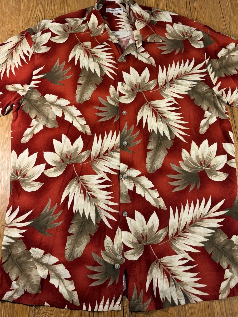 Pierre Cardin Hawaiian Shirt Mens L Red Floral 100% Rayon Tropical Aloha Korea